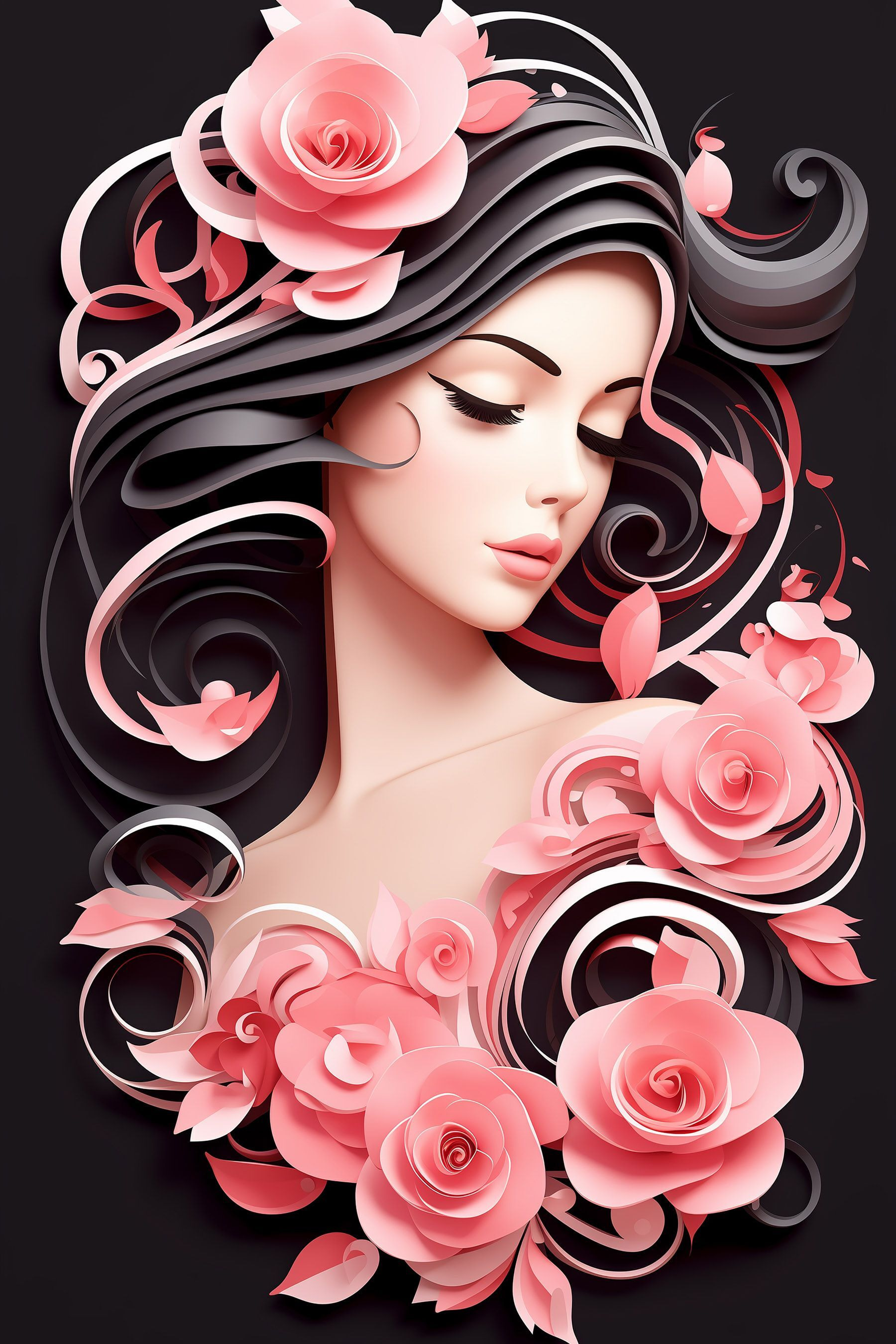 Woman with long hair and pink flowers Woman with long hair and pink flowers