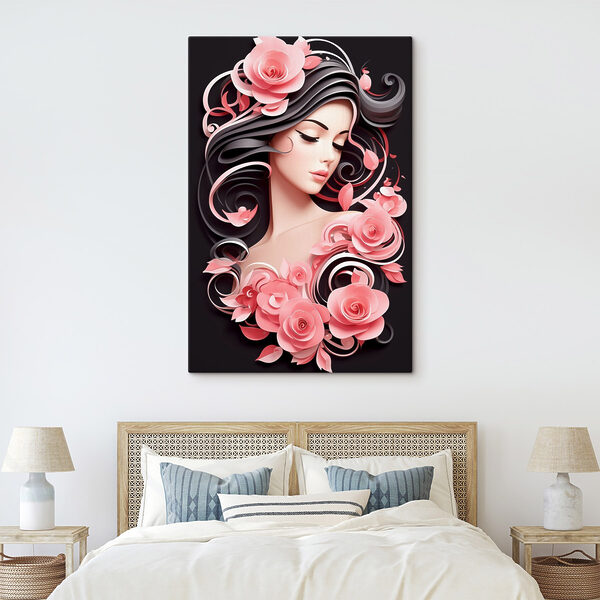 Cuadros Mujer con el pelo largo y flores rosas (SKU: s41541) Cuadros Cuadros Mujer con el pelo largo y flores rosas (SKU: s41541)