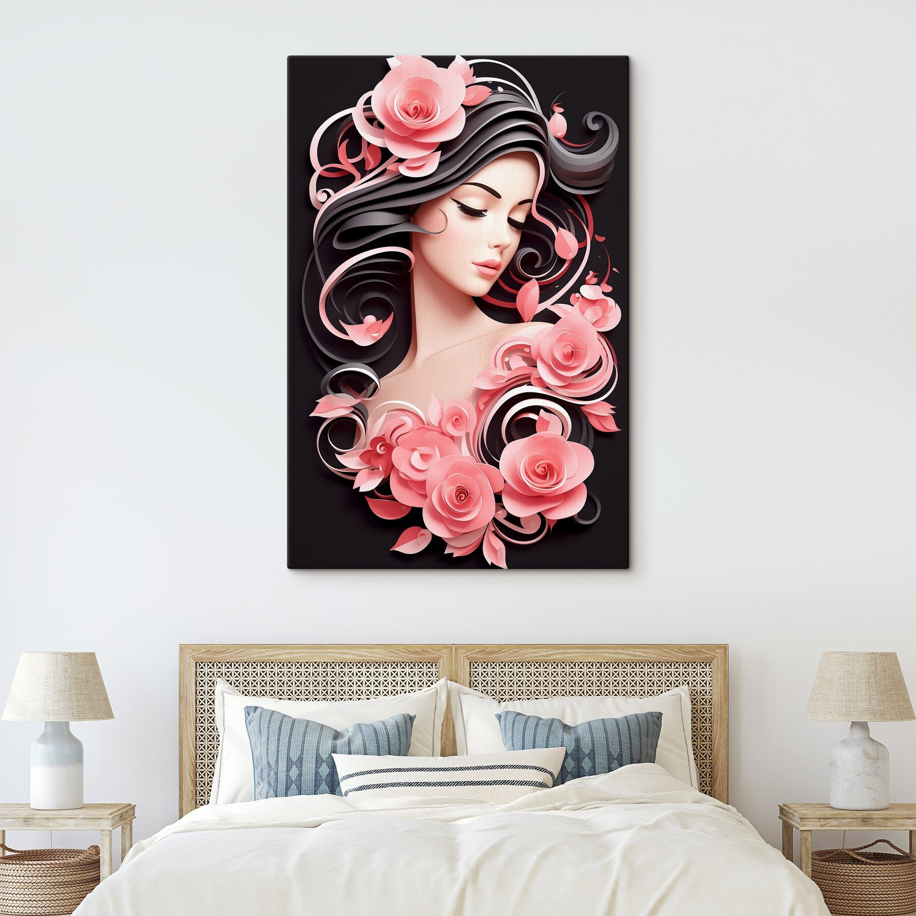 Woman with long hair and pink flowers Woman with long hair and pink flowers