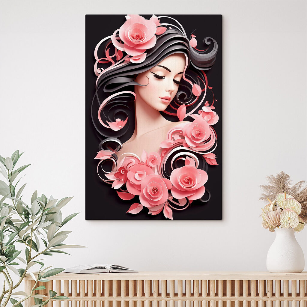 Woman with long hair and pink flowers Woman with long hair and pink flowers