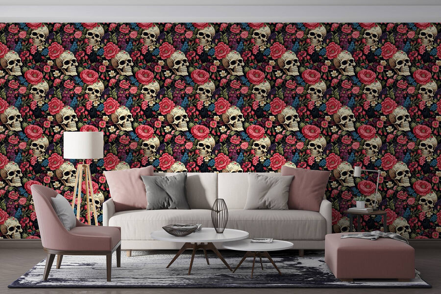 Motivo de calaveras y flores