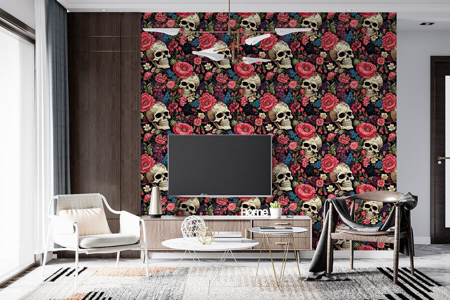 Motivo de calaveras y flores