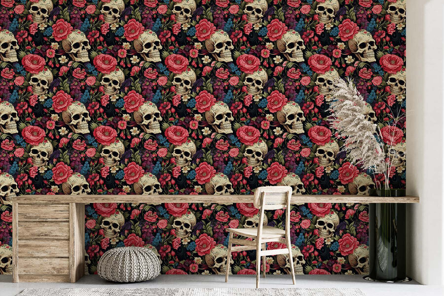 Motivo de calaveras y flores