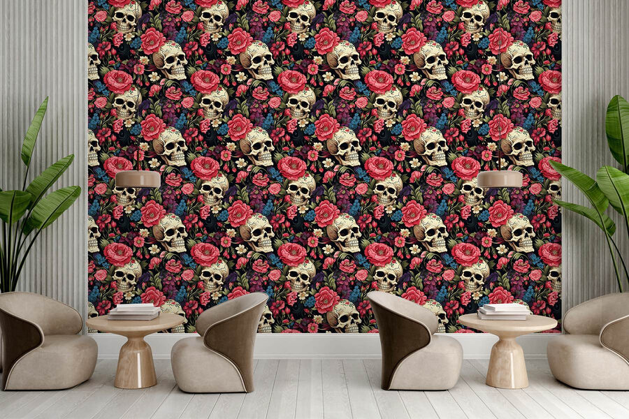Motivo de calaveras y flores
