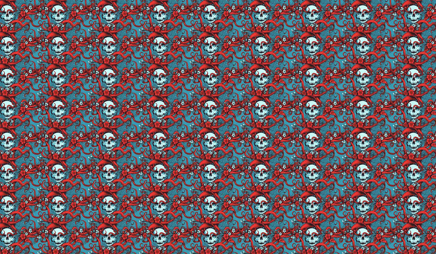 Patrón de calaveras con sombreros rojos