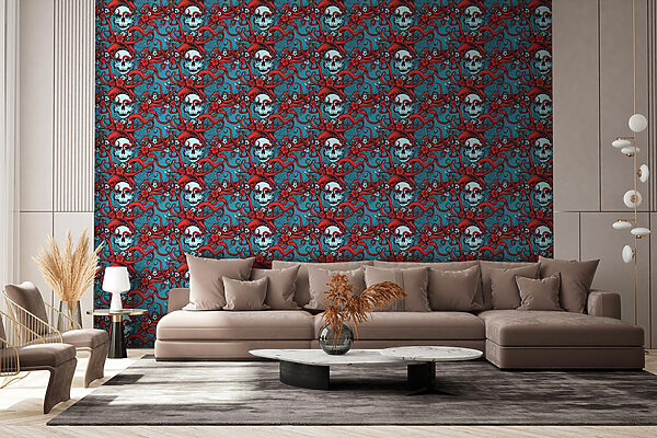 Patrón de calaveras con sombreros rojos Patrón de calaveras con sombreros rojos