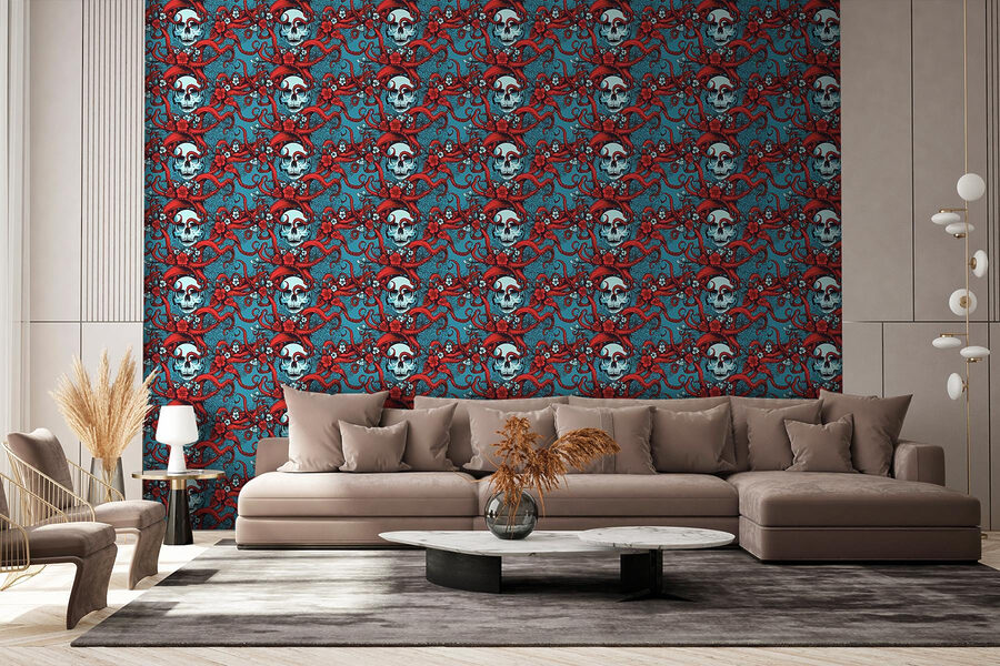Patrón de calaveras con sombreros rojos