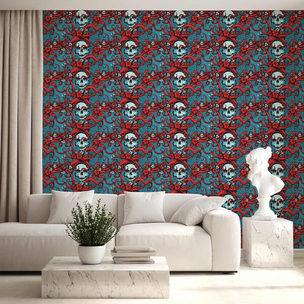 Patrón de calaveras con sombreros rojos Patrón de calaveras con sombreros rojos