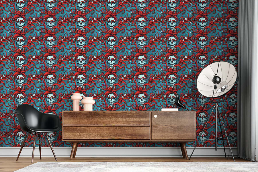 Patrón de calaveras con sombreros rojos