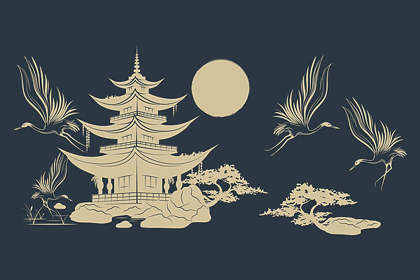 Dibujo de una pagoda y grullas Dibujo de una pagoda y grullas