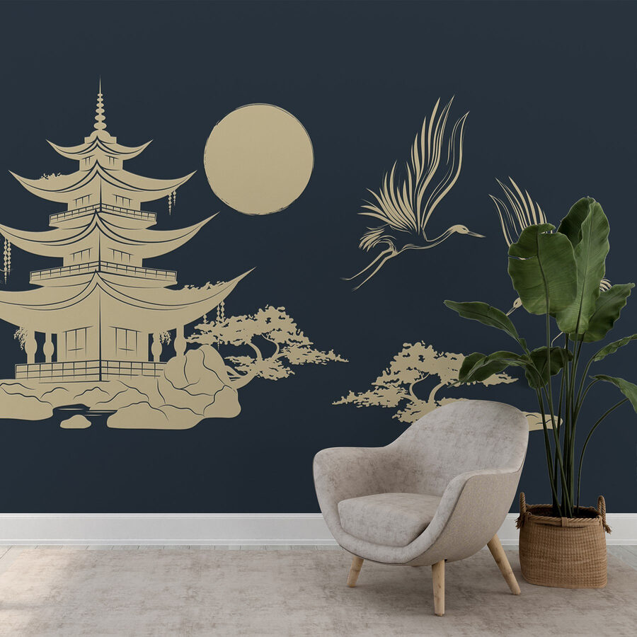 Dibujo de una pagoda y grullas