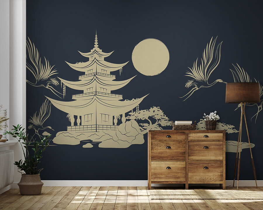 Dibujo de una pagoda y grullas