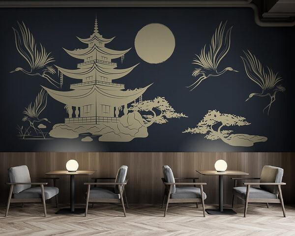 Dibujo de una pagoda y grullas Dibujo de una pagoda y grullas