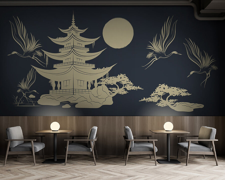 Dibujo de una pagoda y grullas