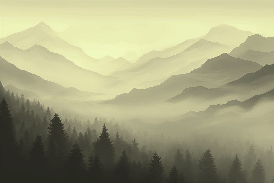 Paisaje montañoso brumoso con árboles