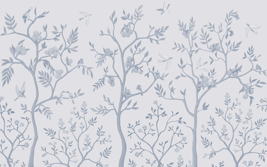Papel pintado con pájaros y árboles