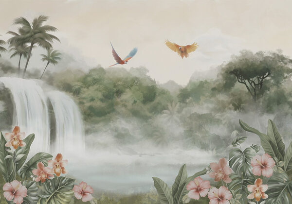 Cascada con pájaros volando Cascada con pájaros volando