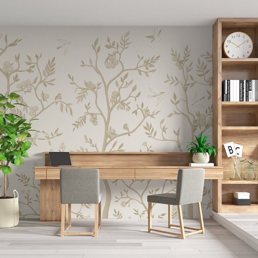 Papel pintado con pájaros y árboles