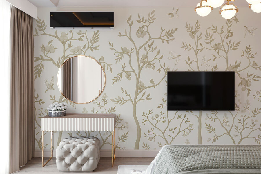 Papel pintado con pájaros y árboles
