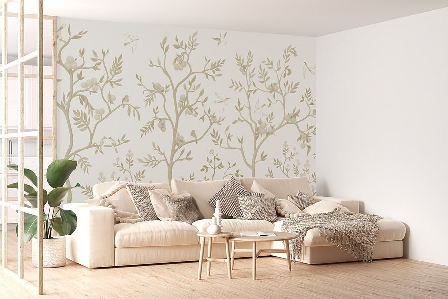 Papel pintado con pájaros y árboles
