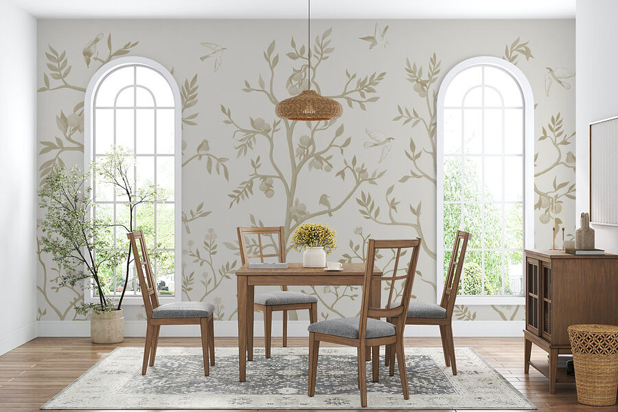 Papel pintado con pájaros y árboles