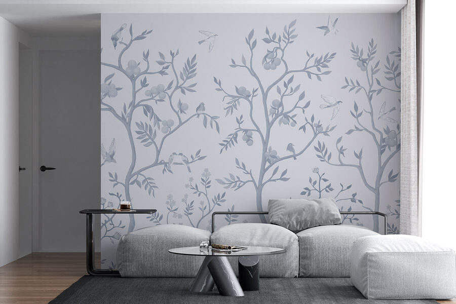 Papel pintado con pájaros y árboles