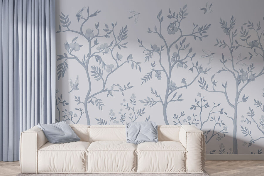 Papel pintado con pájaros y árboles