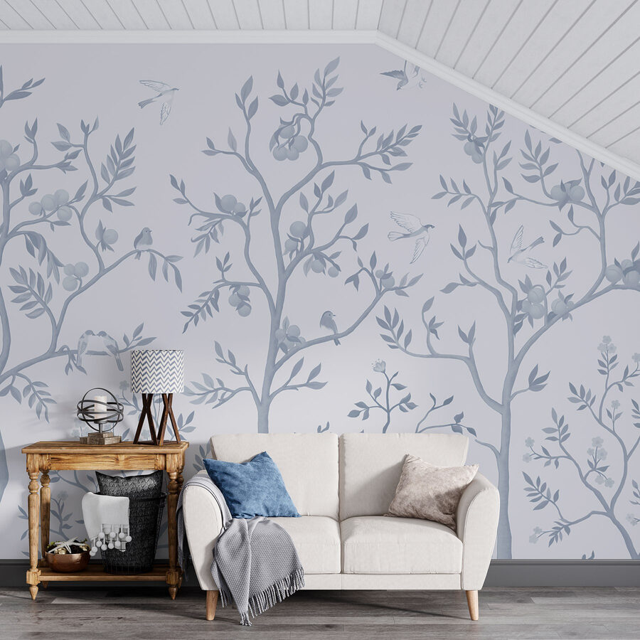 Papel pintado con pájaros y árboles