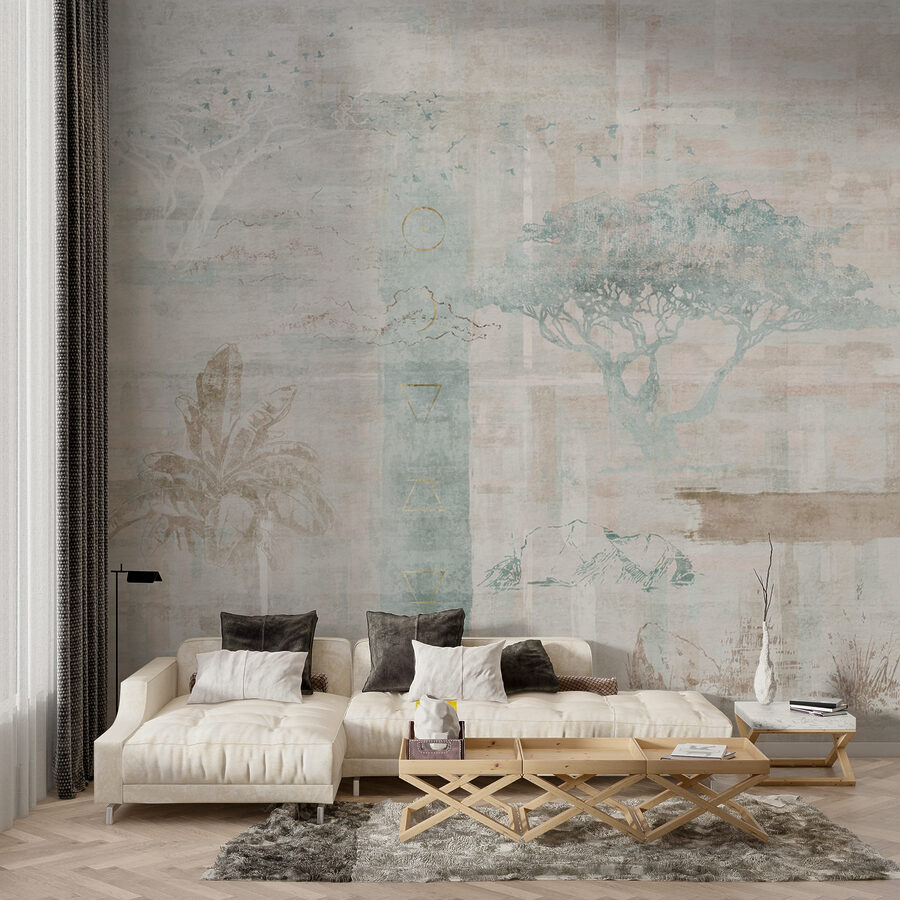 Papel pintado con árboles y pájaros
