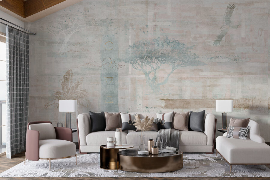 Papel pintado con árboles y pájaros
