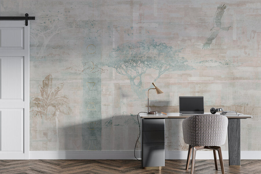 Papel pintado con árboles y pájaros