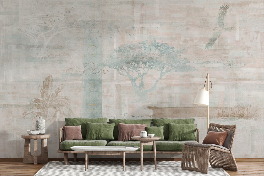 Papel pintado con árboles y pájaros