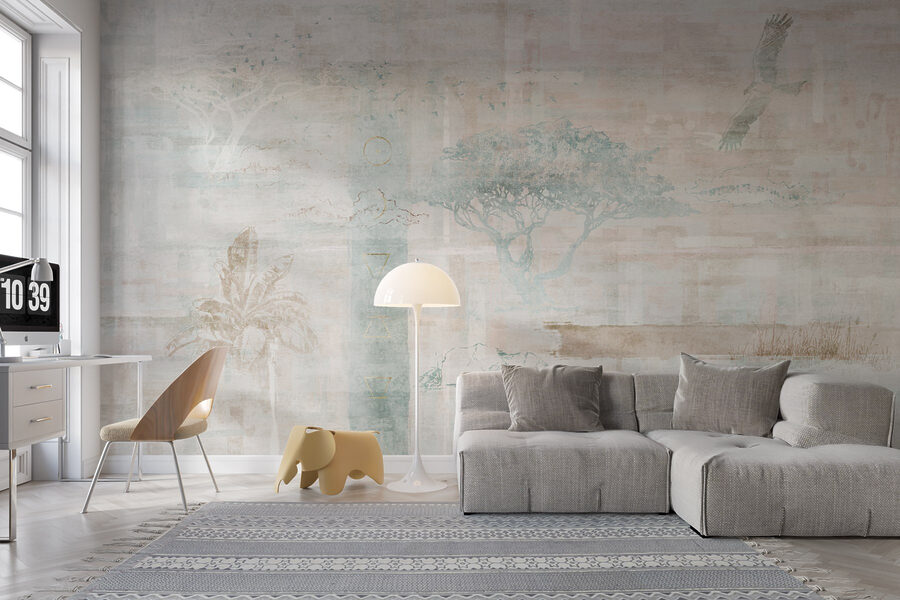 Papel pintado con árboles y pájaros
