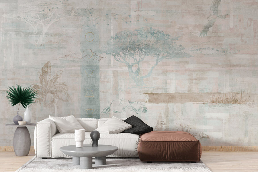 Papel pintado con árboles y pájaros