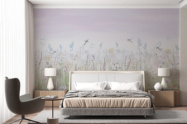 Field of flowers and birds