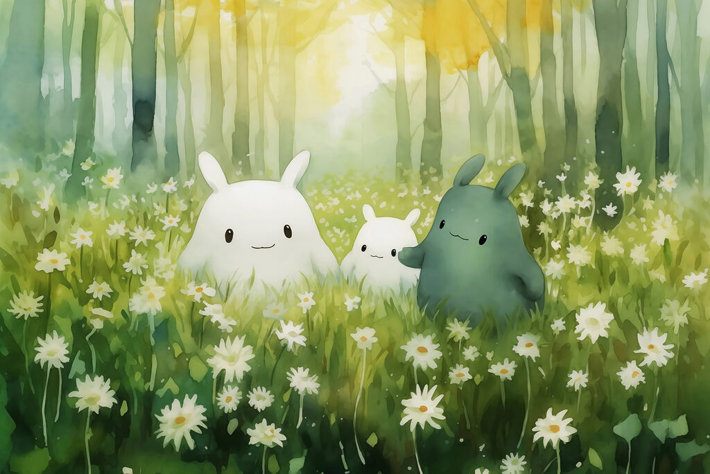 Grupo de personajes de dibujos animados en un campo de flores Grupo de personajes de dibujos animados en un campo de flores