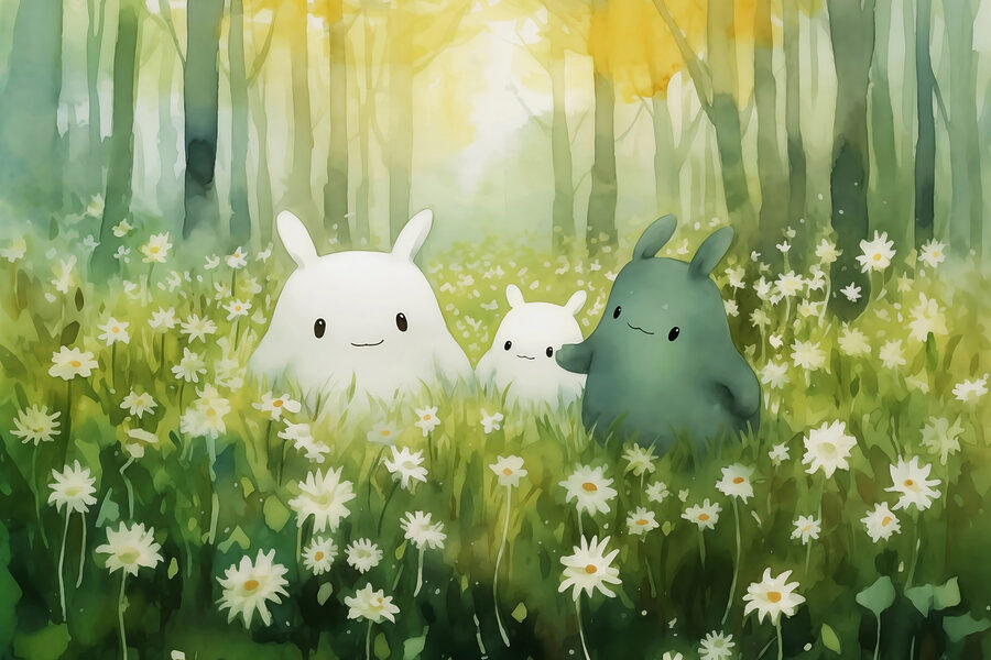 Grupo de personajes de dibujos animados en un campo de flores