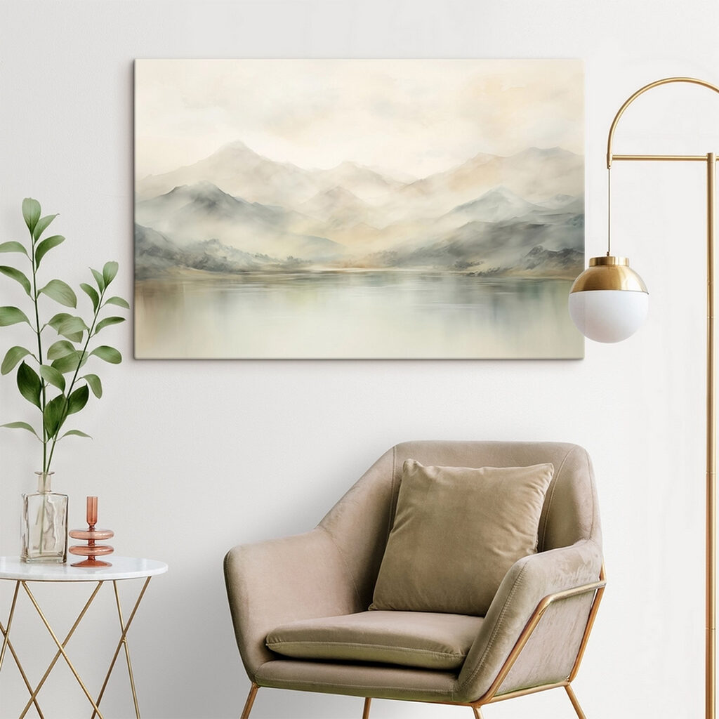 Watercolor of a lake with mountains in the distance