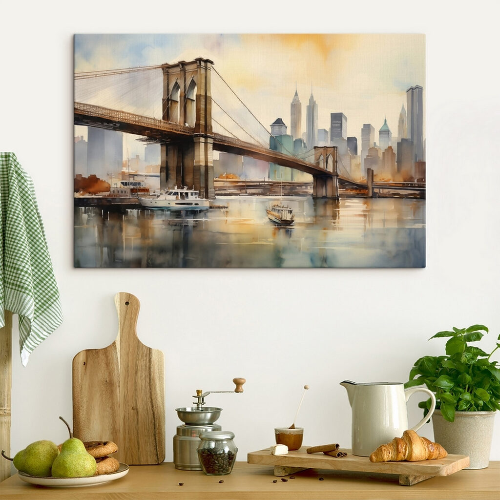 Watercolor of a bridge and a city