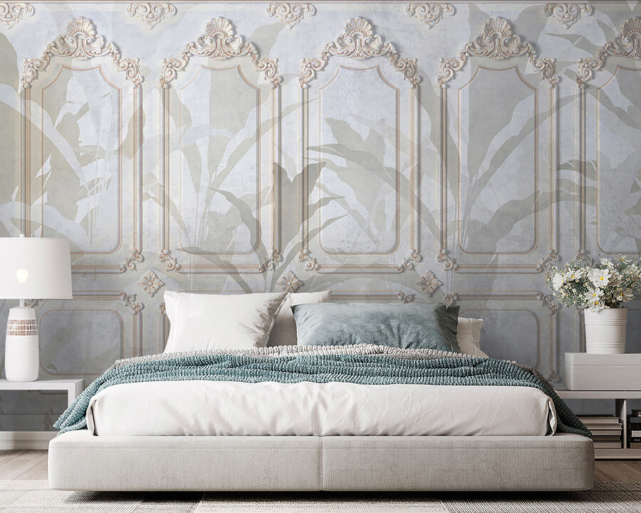 Pared con diseños ornamentales en blanco y marrón Pared con diseños ornamentales en blanco y marrón