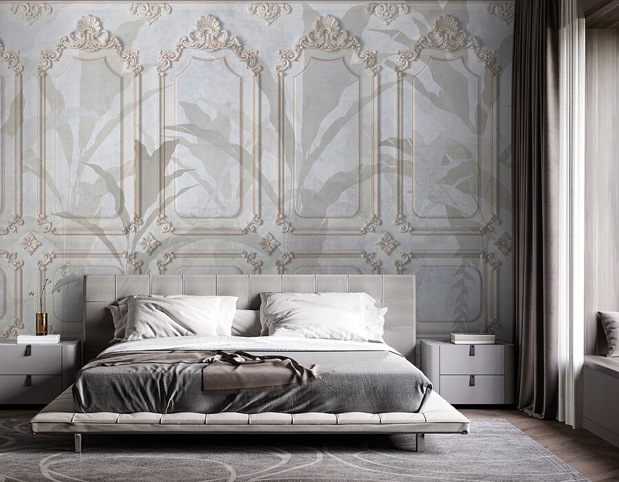 Pared con diseños ornamentales en blanco y marrón Pared con diseños ornamentales en blanco y marrón