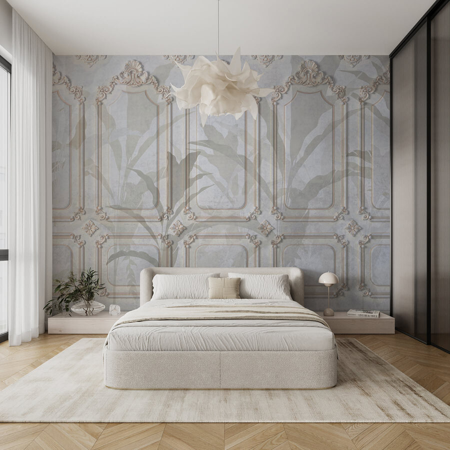 Pared con diseños ornamentales en blanco y marrón Pared con diseños ornamentales en blanco y marrón