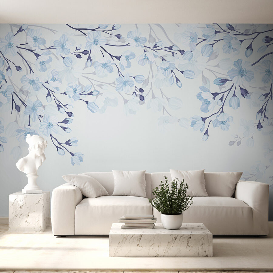 Flores blancas y azules sobre fondo blanco