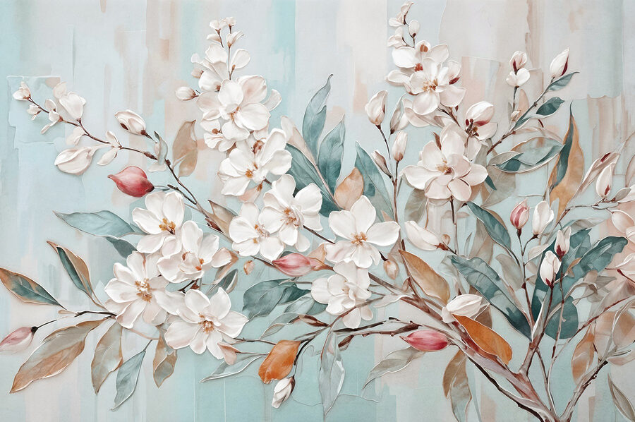Pintura de flores sobre fondo azul