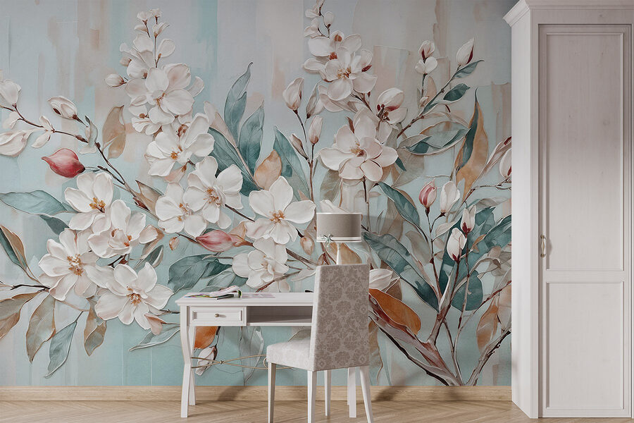 Pintura de flores sobre fondo azul