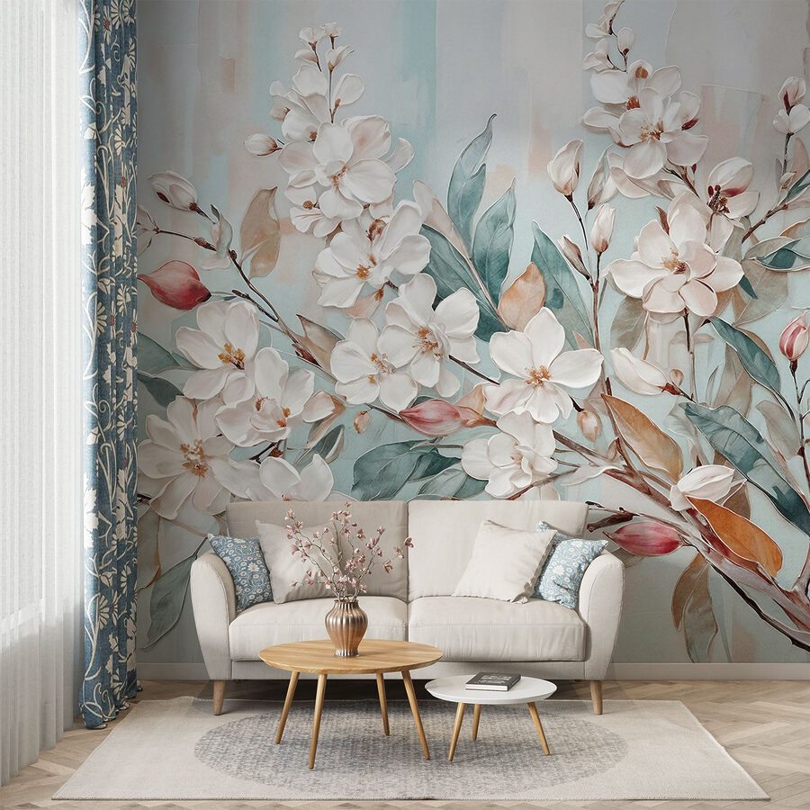 Pintura de flores sobre fondo azul