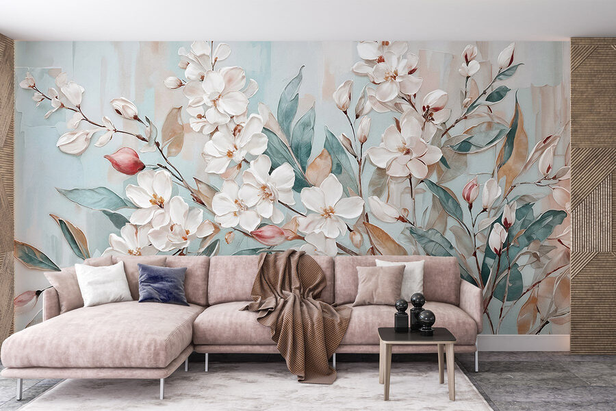 Pintura de flores sobre fondo azul