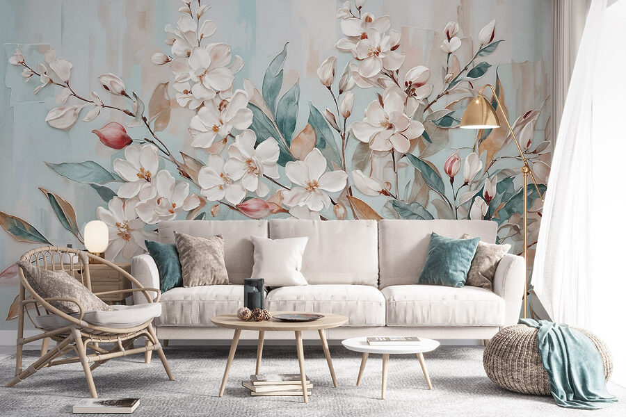 Pintura de flores sobre fondo azul