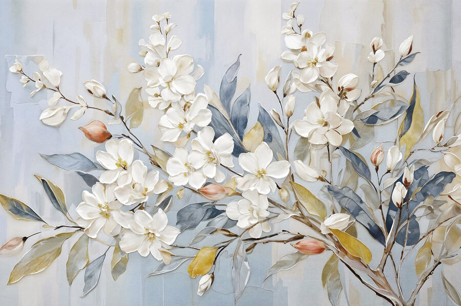 Pintura de flores y hojas blancas