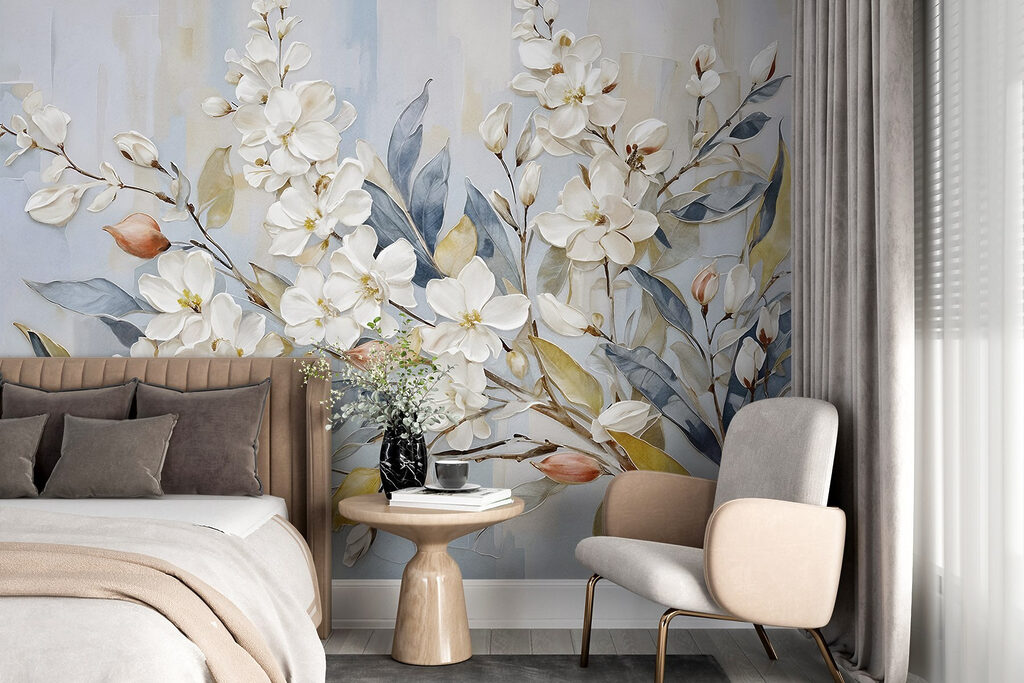 Painting of white flowers and leaves Painting of white flowers and leaves